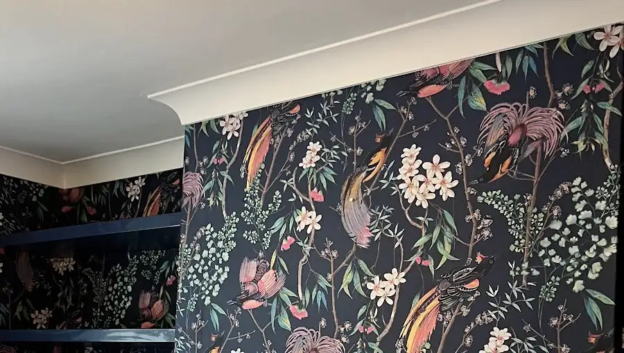 Dark floral bird wallpaper and navy painted shelves by Alessio's Decorating Specialists, painter and decorator in Letchworth
