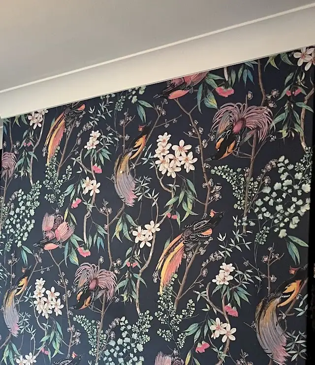 Dark navy wallpaper with exotic birds and blossom, neatly hung below a white coving